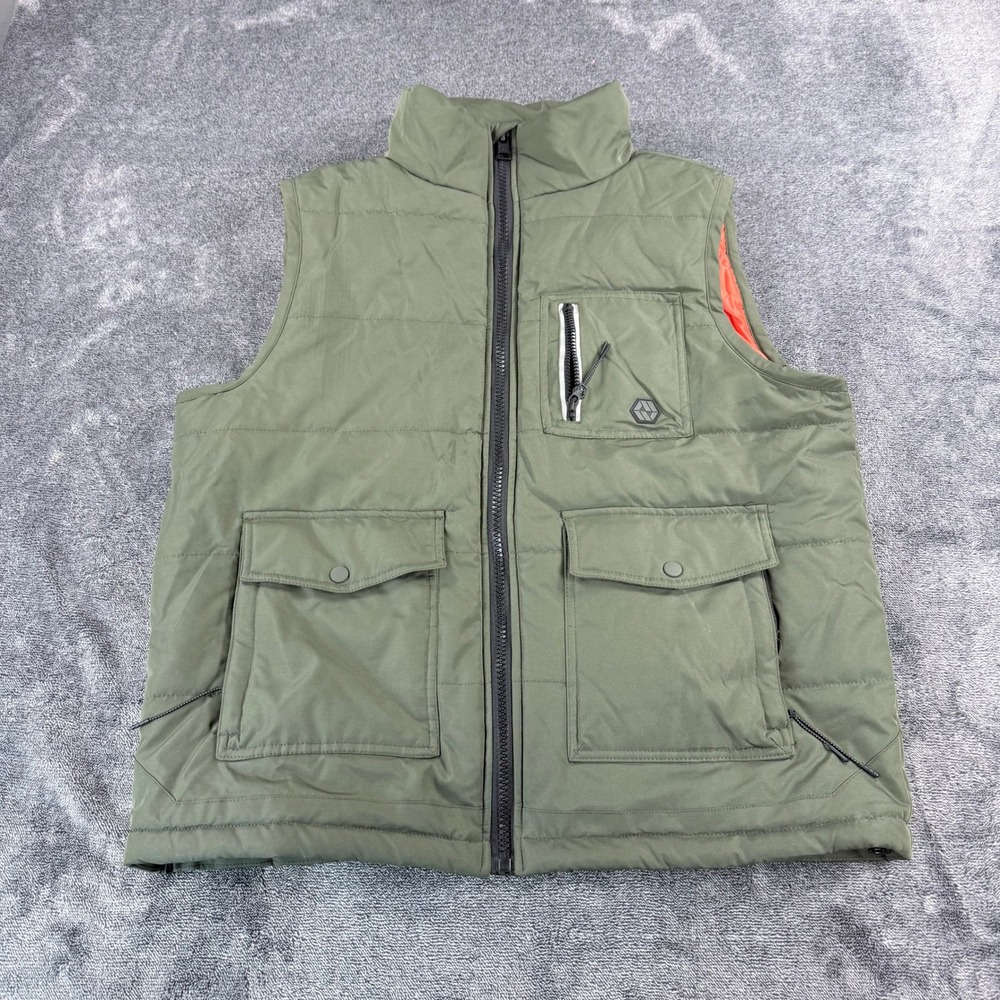 WT02 Mens Puffer Vest Olive Green Quilted Utility Full Zip Large